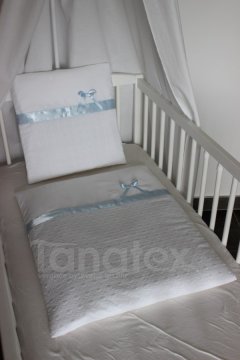 Plymo exclusive - 4dílná sada - Štykovaná bavlna bílá s modrou stuhou Pro děti - Plymo do kočárku